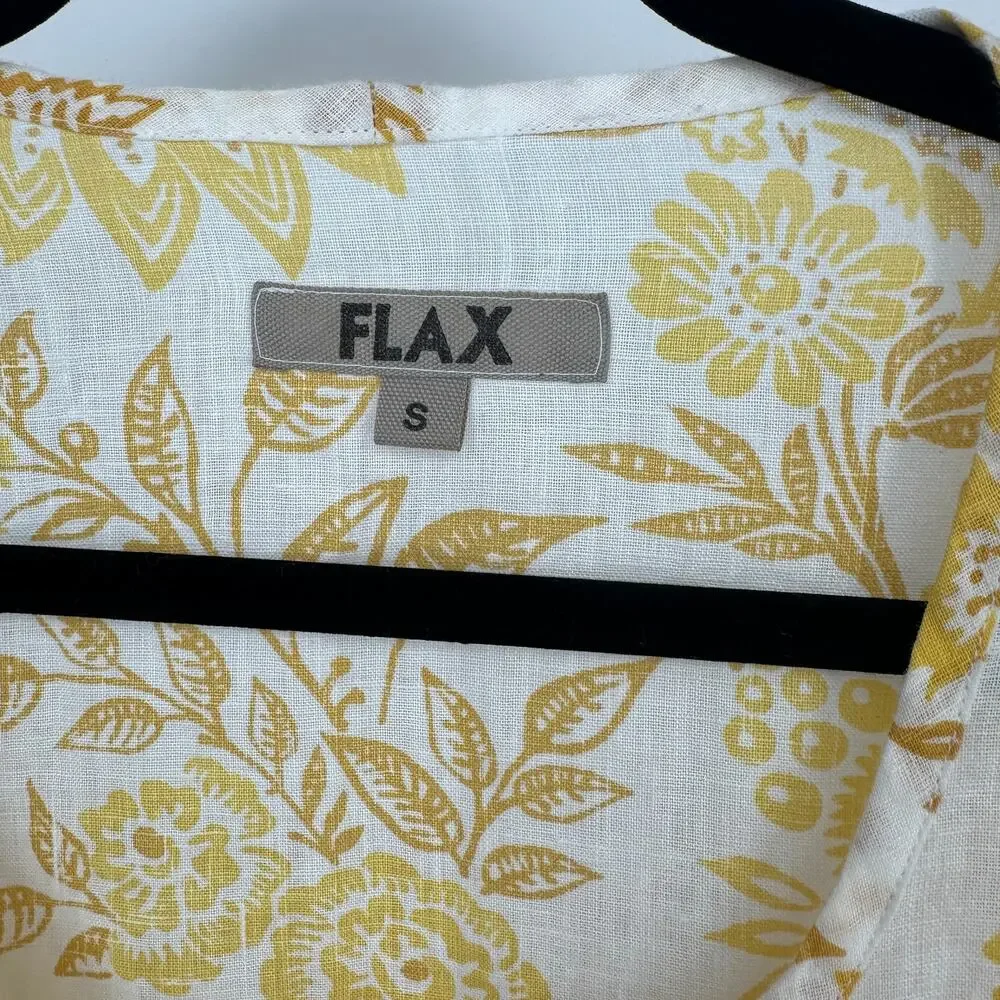 Flax women’s pull over blouse size small yellow flowers long sleeve 100% linen - Picture 5 of 9